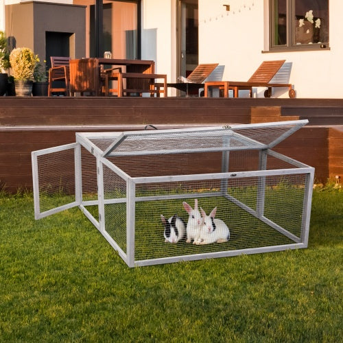 Folding Rabbit Hutch With Perch Pole, Wooden Foldable Guinea Pig Runway, Outdoor Rabbit Cage, Portable, Grey