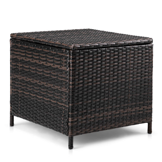 Outdoor PE Wicker Side Table with Storage, Patio Rattan End Table Square Container for Furniture Covers, Toys and Gardening Tools, Brown