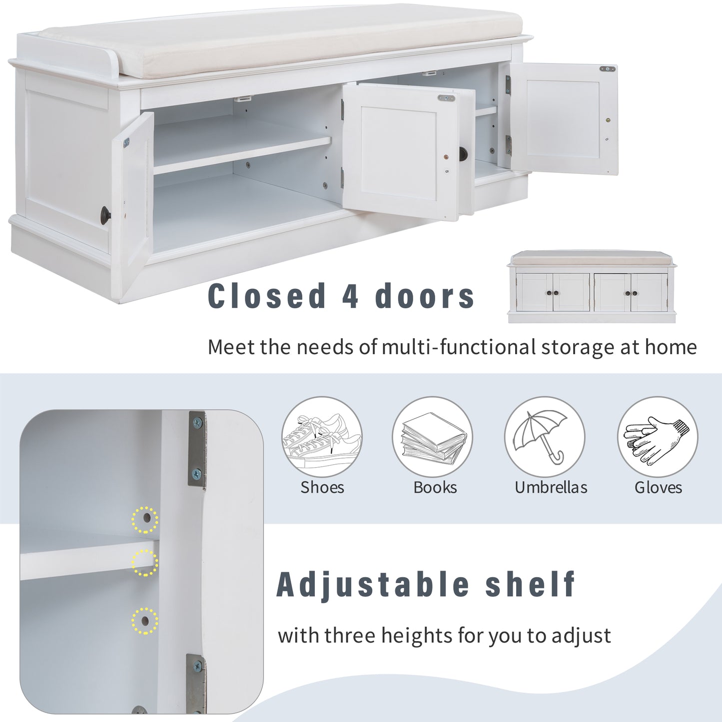 Storage Bench with 4 Doors and Adjustable Shelves, Shoe Bench with Removable Cushion for Living Room, Entryway (White)