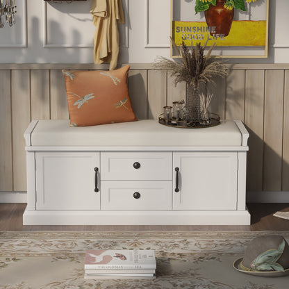 Storage Bench with 2 Drawers and 2 Cabinets, Shoe Bench with Removable Cushion for Living Room, Entryway (White)