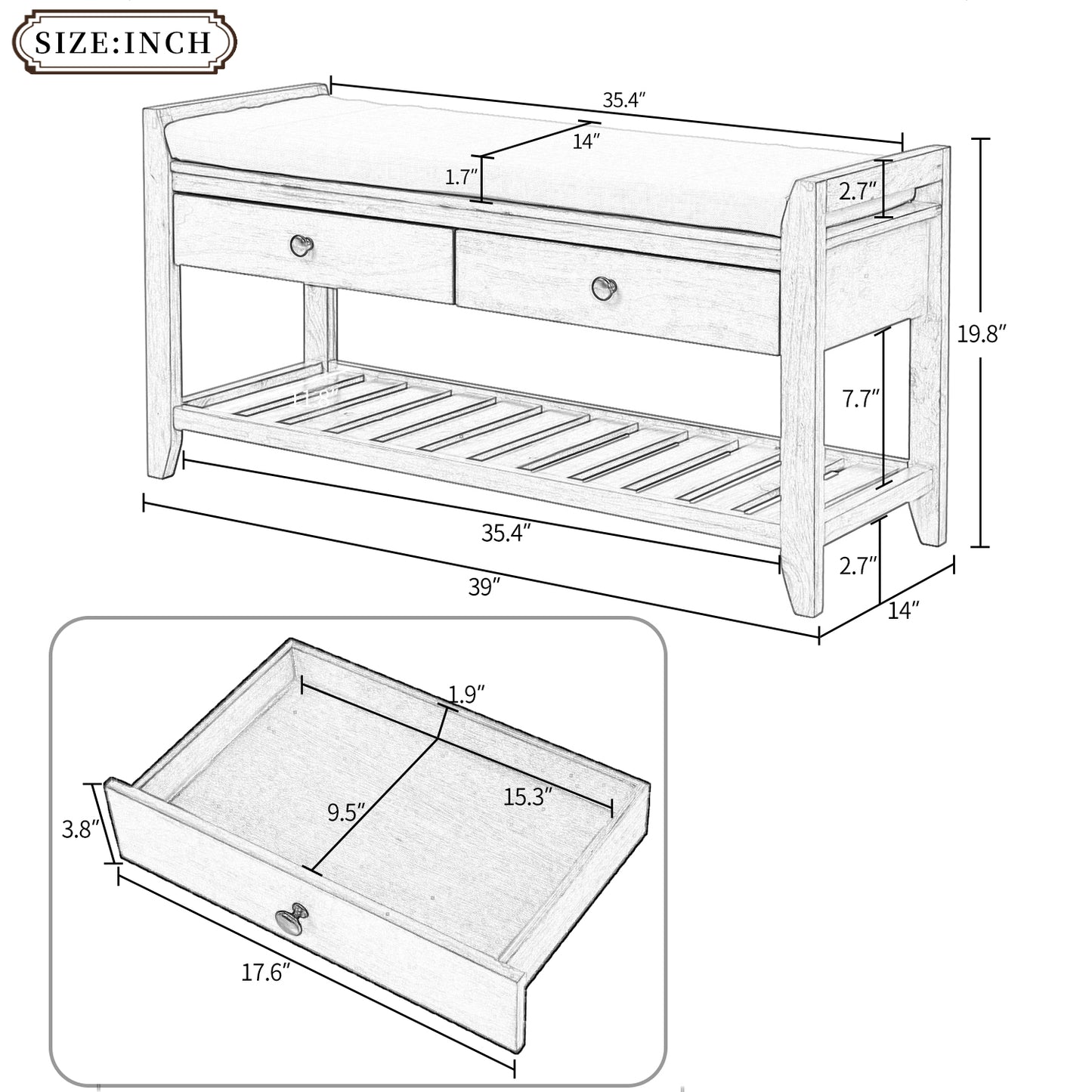 Shoe Rack with Cushioned Seat and Drawers, Multipurpose Entryway Storage Bench (White)