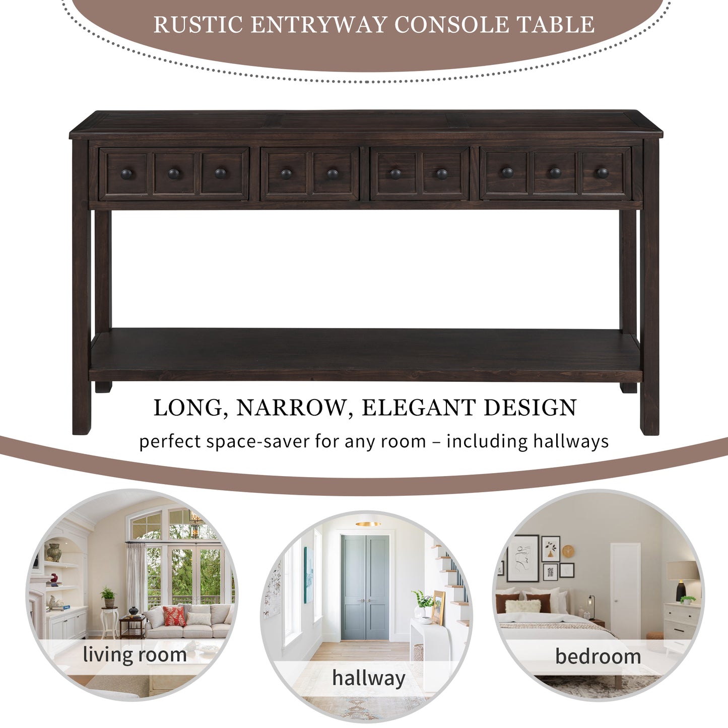 Rustic Entryway Console Table, 60" Long Sofa Table with two Different Size Drawers and Bottom Shelf for Storage (Espresso)