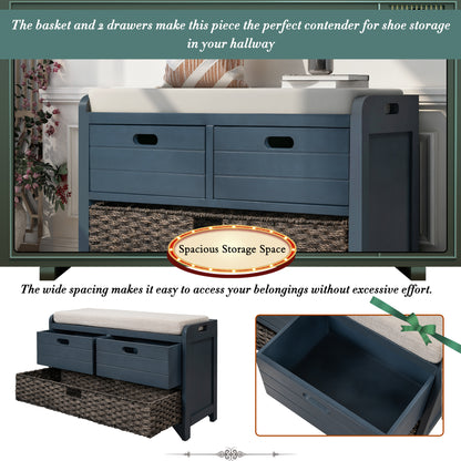 Storage Bench with Removable Basket and 2 Drawers, Fully Assembled Shoe Bench with Removable Cushion (Navy)