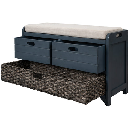 Storage Bench with Removable Basket and 2 Drawers, Fully Assembled Shoe Bench with Removable Cushion (Navy)