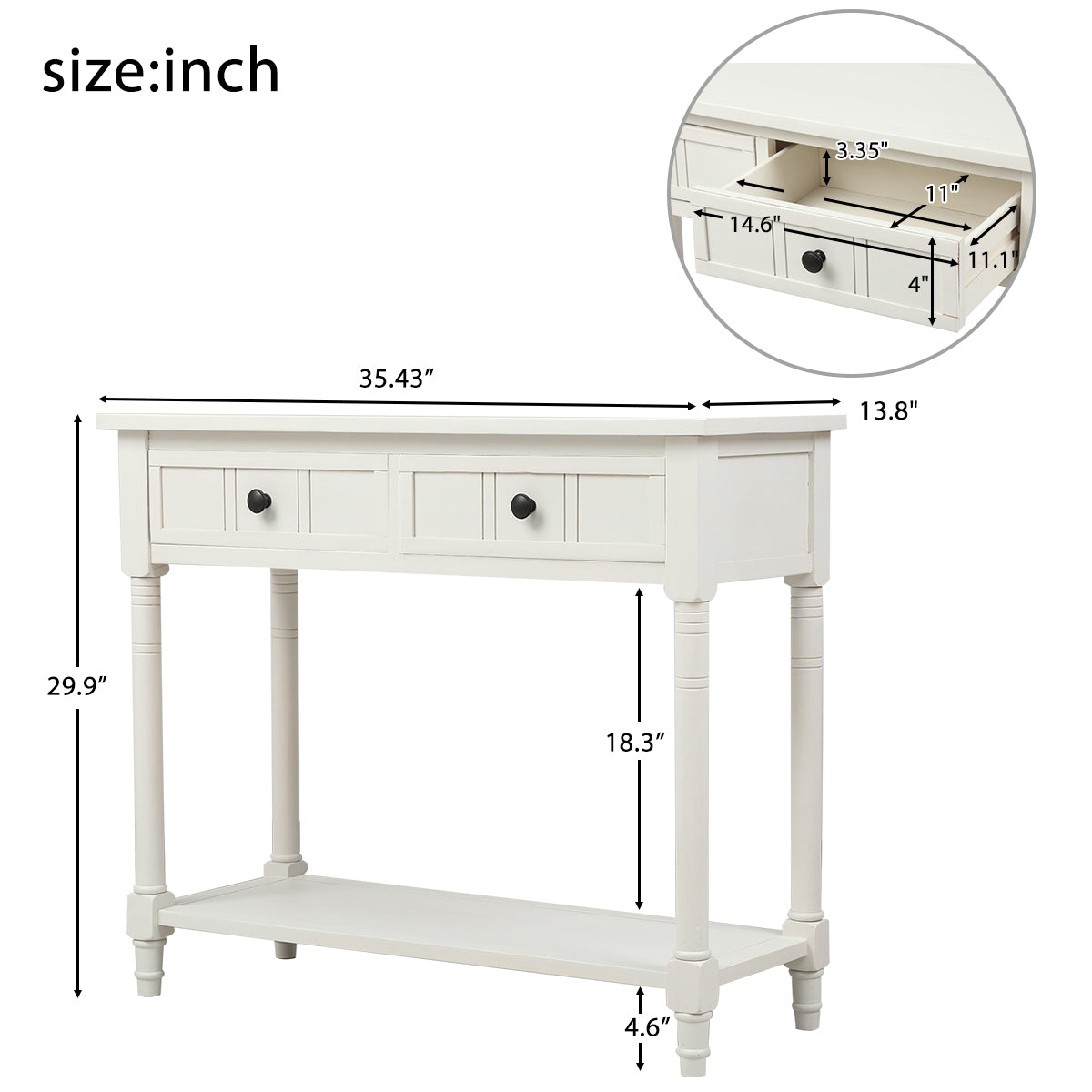 Series Console Table Traditional Design with Two Drawers and Bottom Shelf (Ivory White)