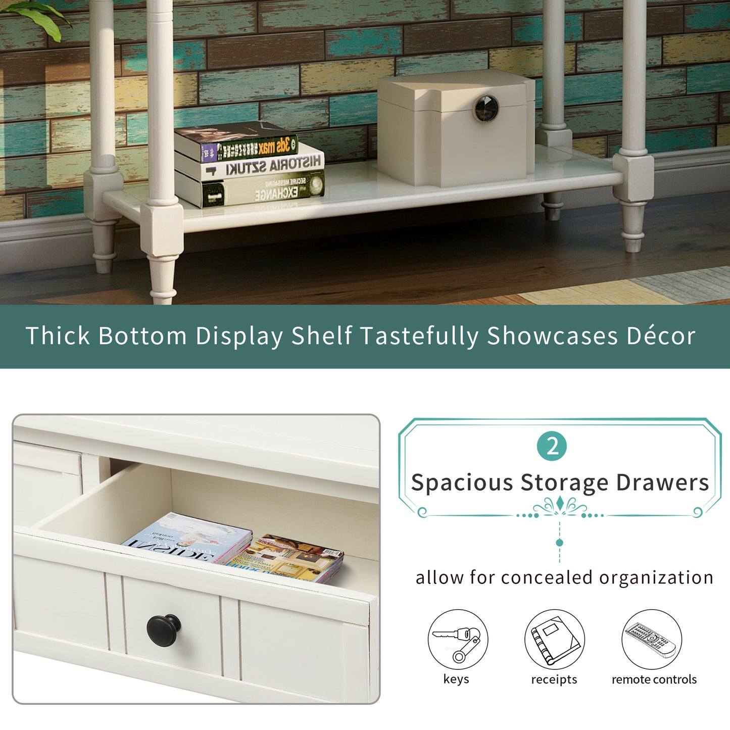 Series Console Table Traditional Design with Two Drawers and Bottom Shelf (Ivory White)