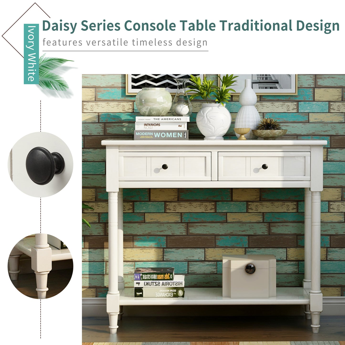 Series Console Table Traditional Design with Two Drawers and Bottom Shelf (Ivory White)