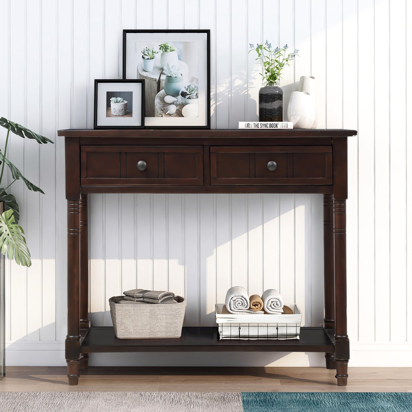 Series Console Table Traditional Design with Two Drawers and Bottom Shelf (Espresso)