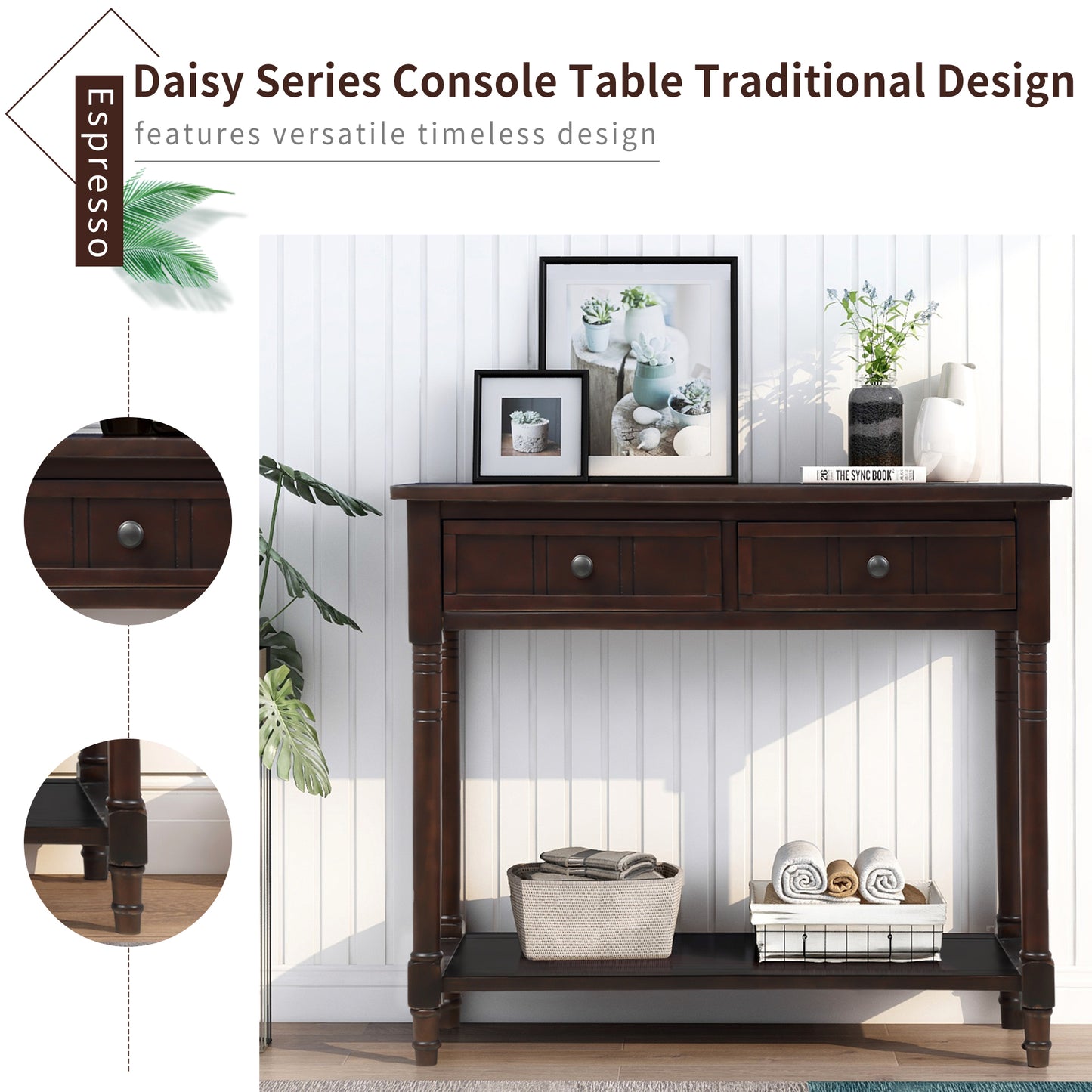 Series Console Table Traditional Design with Two Drawers and Bottom Shelf (Espresso)