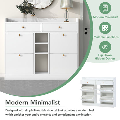 [VIDEO provided] Modern Shoe Cabinet with 4 Flip Drawers, Multifunctional 2-Tier Shoe Storage Organizer with Drawers, Free Standing Shoe Rack for Entrance Hallway, White.