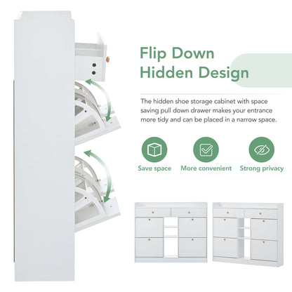 [VIDEO provided] Modern Shoe Cabinet with 4 Flip Drawers, Multifunctional 2-Tier Shoe Storage Organizer with Drawers, Free Standing Shoe Rack for Entrance Hallway, White.