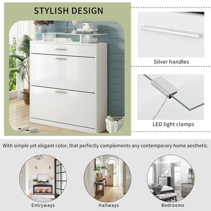 [VIDEO provided] Slim Entryway Organizer with 2 Flip Drawers, Tempered Glass Top Shoe Storage Cabinet with Drawer, Free Standing Shoe Rack with LED Light for Hallway, White