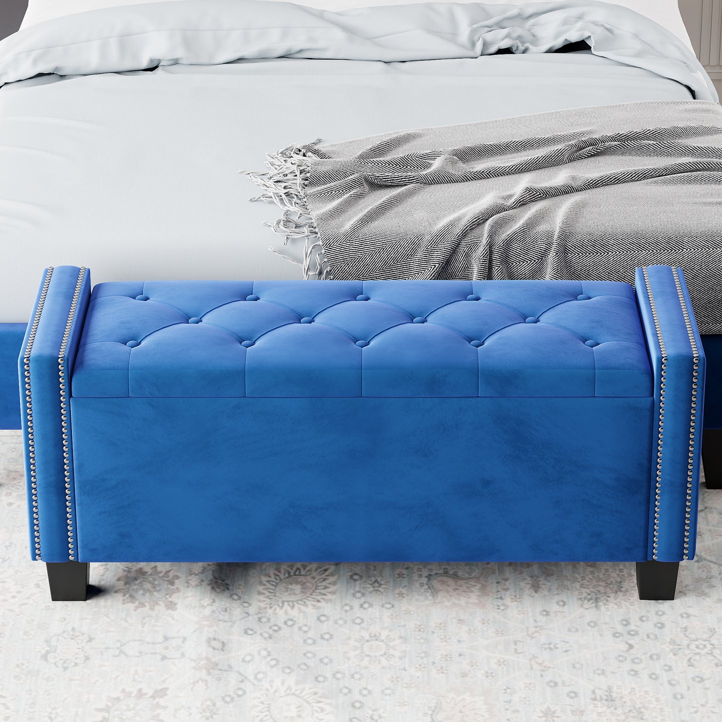 Upholstered Velvet Storage Bench for Bedroom, End of Bed Bench with Rivet Design, Tufted Foot Rest Stool,Blue