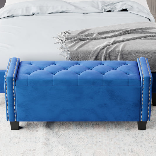 Upholstered Velvet Storage Bench for Bedroom, End of Bed Bench with Rivet Design, Tufted Foot Rest Stool,Blue