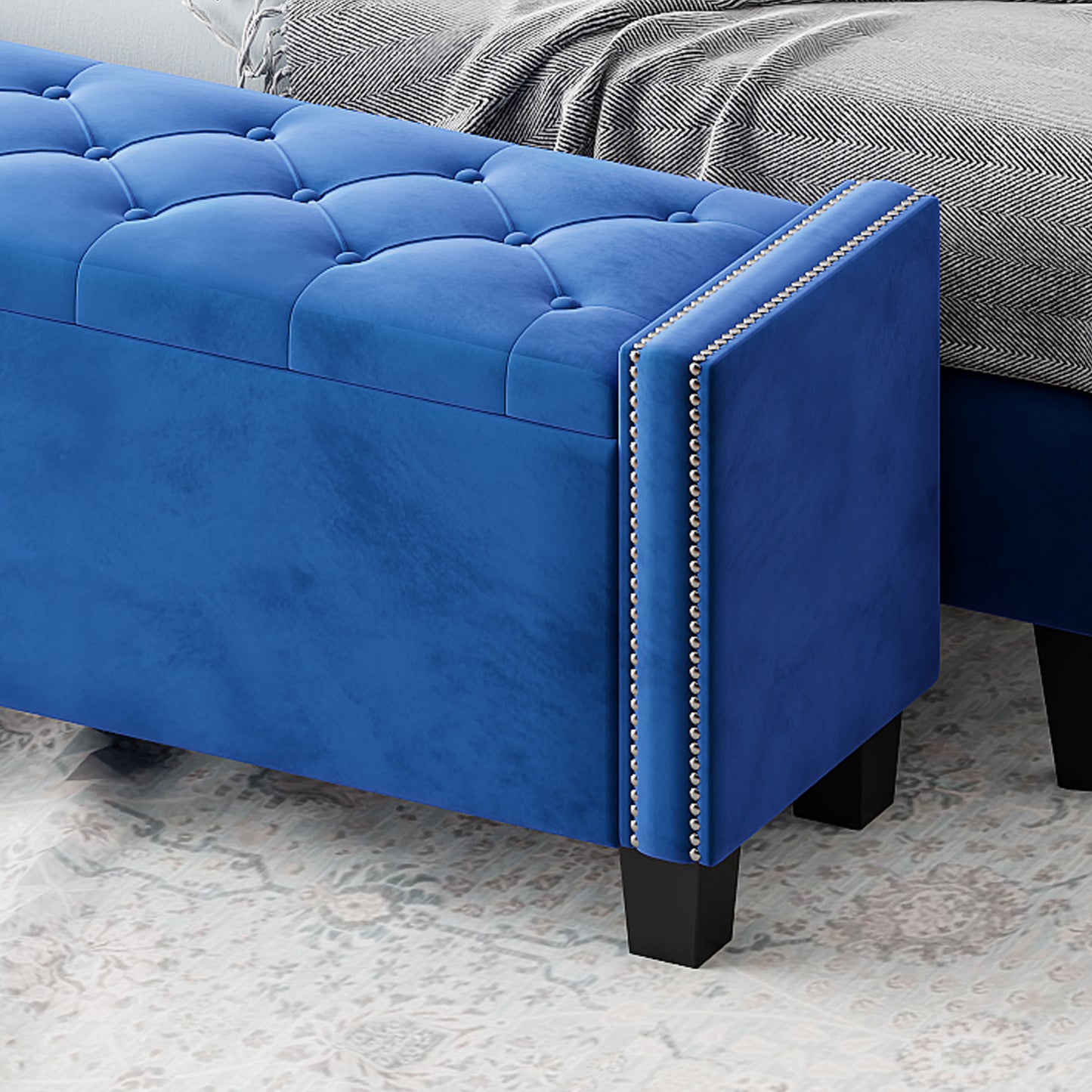 Upholstered Velvet Storage Bench for Bedroom, End of Bed Bench with Rivet Design, Tufted Foot Rest Stool,Blue