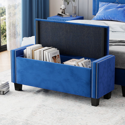 Upholstered Velvet Storage Bench for Bedroom, End of Bed Bench with Rivet Design, Tufted Foot Rest Stool,Blue