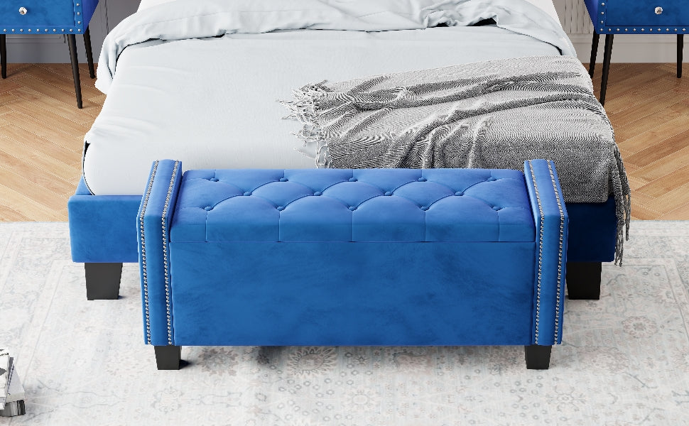 Upholstered Velvet Storage Bench for Bedroom, End of Bed Bench with Rivet Design, Tufted Foot Rest Stool,Blue