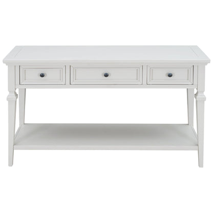 Classic Retro Style Console Table with Three Top Drawers and Open Style Bottom Shelf, Easy Assembly (Antique White)