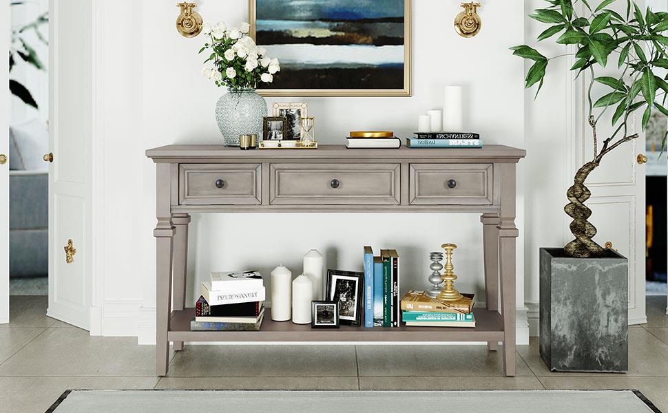 Classic Retro Style Console Table with Three Top Drawers and Open Style Bottom Shelf, Easy Assembly (Gray Wash)