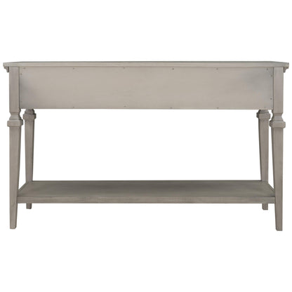 Classic Retro Style Console Table with Three Top Drawers and Open Style Bottom Shelf, Easy Assembly (Gray Wash)