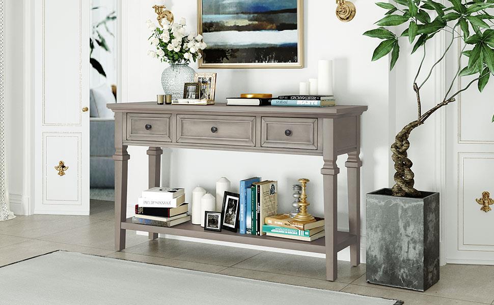 Classic Retro Style Console Table with Three Top Drawers and Open Style Bottom Shelf, Easy Assembly (Gray Wash)