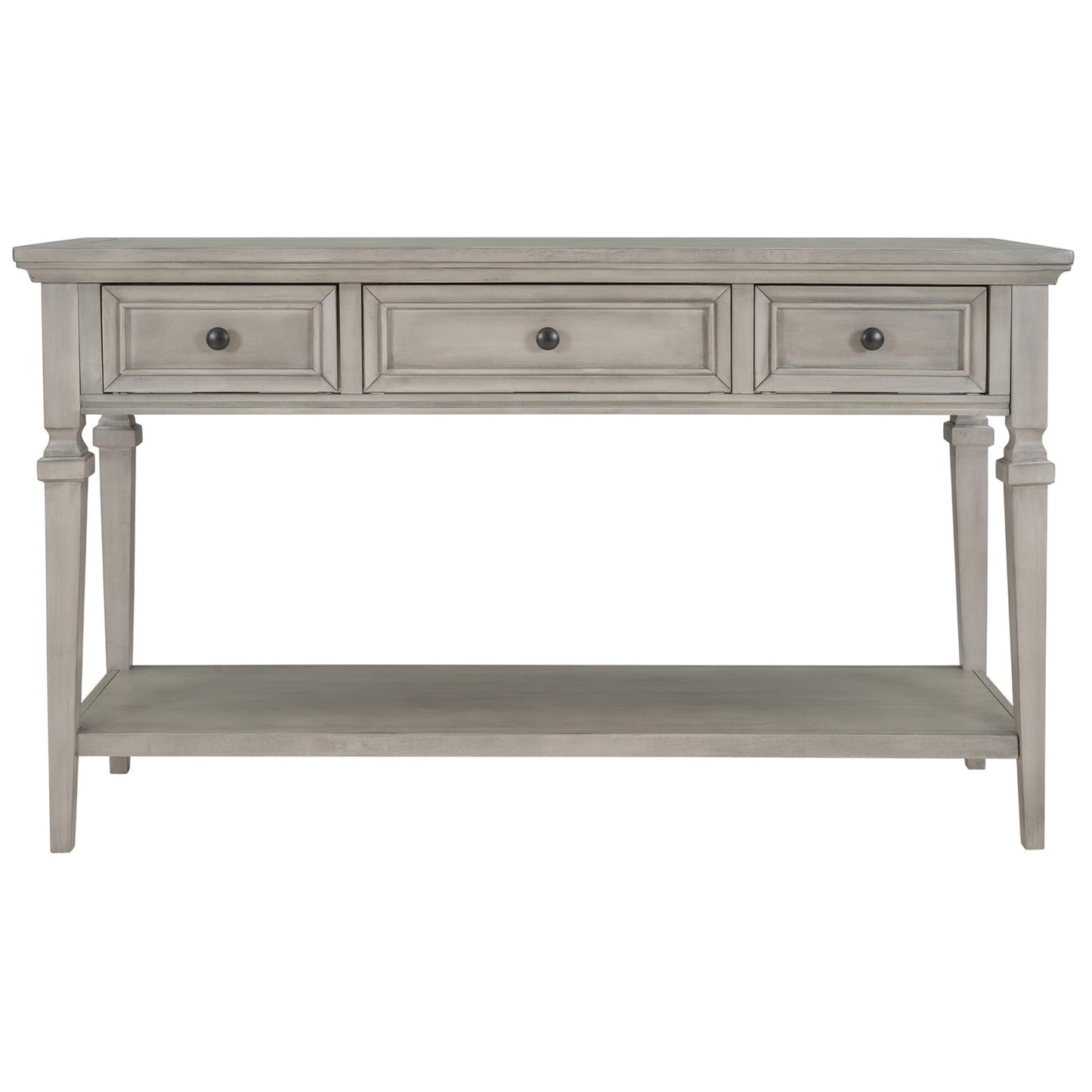 Classic Retro Style Console Table with Three Top Drawers and Open Style Bottom Shelf, Easy Assembly (Gray Wash)