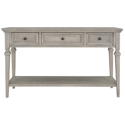 Classic Retro Style Console Table with Three Top Drawers and Open Style Bottom Shelf, Easy Assembly (Gray Wash)