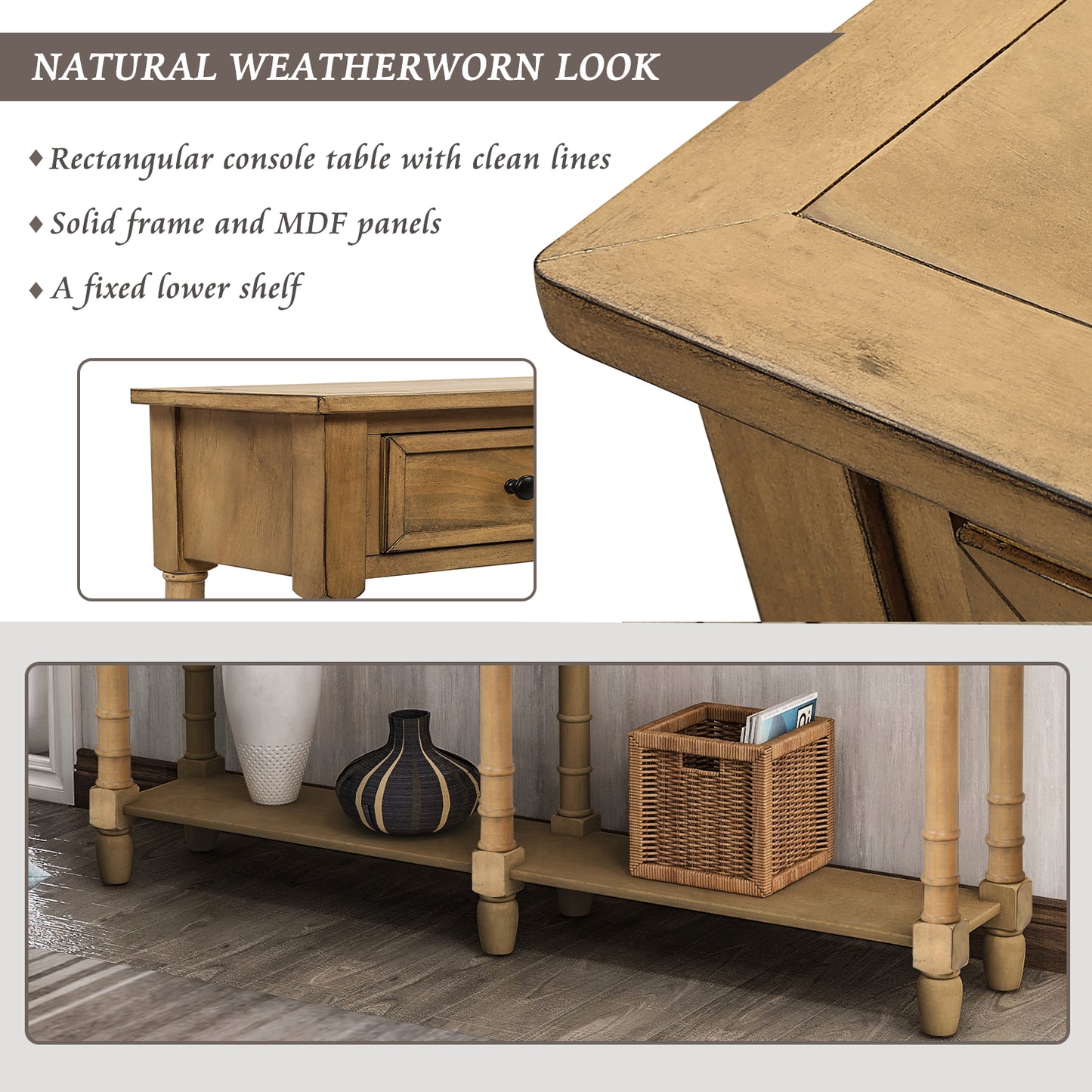 Console Table Sofa Table Easy Assembly with Two Storage Drawers and Bottom Shelf for Living Room, Entryway (Old Pine)