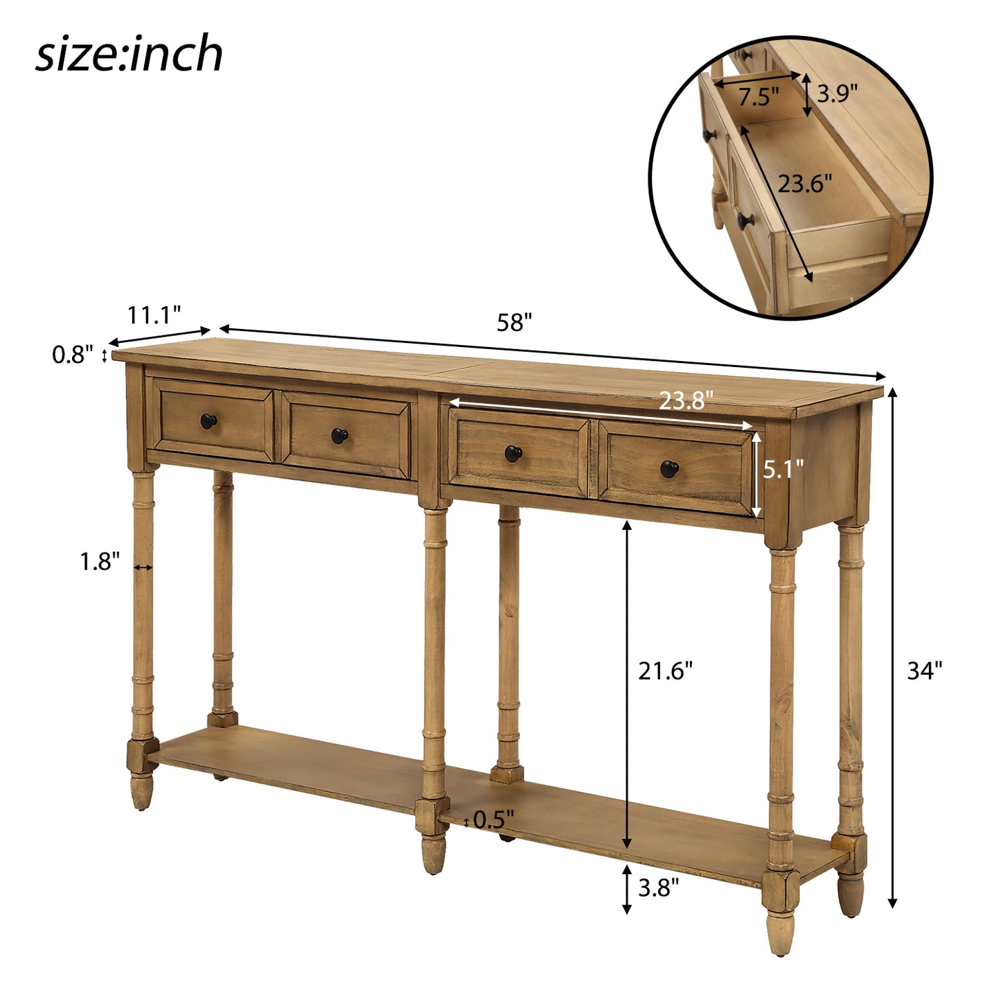 Console Table Sofa Table Easy Assembly with Two Storage Drawers and Bottom Shelf for Living Room, Entryway (Old Pine)