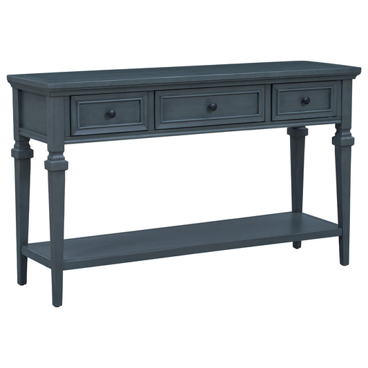 Classic Retro Style Console Table with Three Top Drawers and Open Style Bottom Shelf, Easy Assembly (Navy)