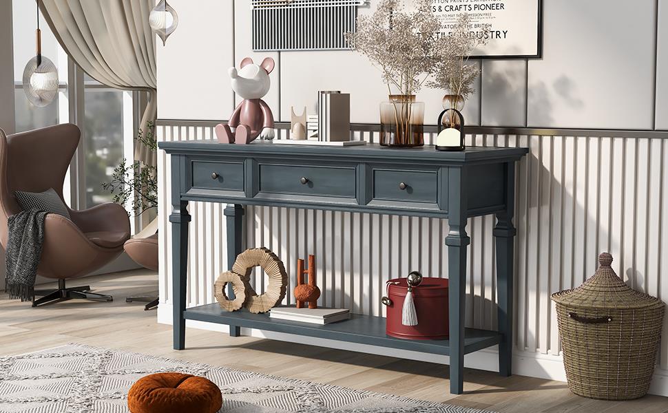 Classic Retro Style Console Table with Three Top Drawers and Open Style Bottom Shelf, Easy Assembly (Navy)