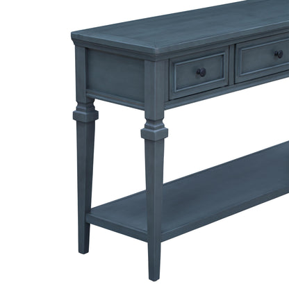 Classic Retro Style Console Table with Three Top Drawers and Open Style Bottom Shelf, Easy Assembly (Navy)