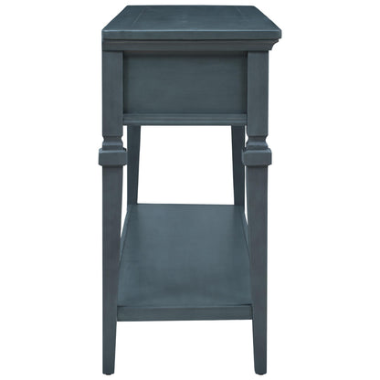 Classic Retro Style Console Table with Three Top Drawers and Open Style Bottom Shelf, Easy Assembly (Navy)