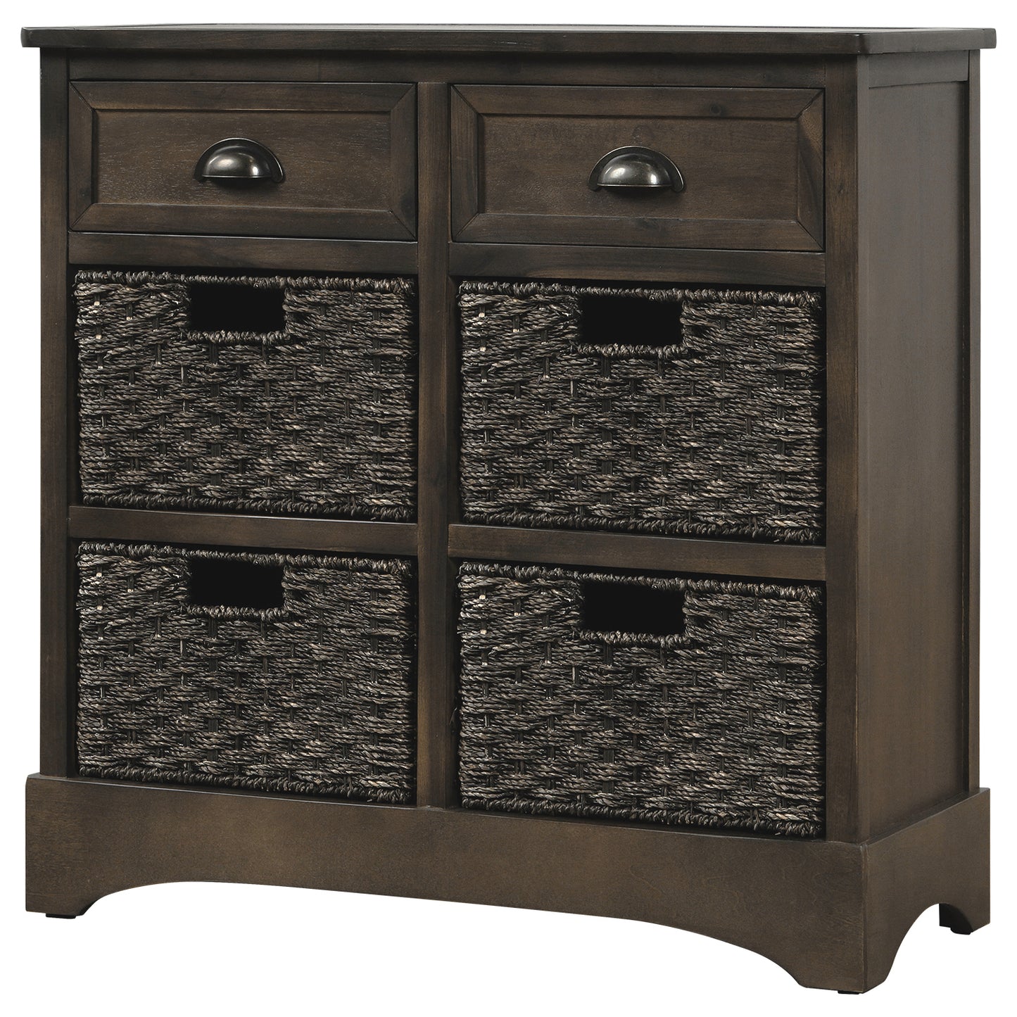 Rustic Storage Cabinet with Two Drawers and Four  Classic Rattan Basket for Dining Room/Living Room (Brown Gray)