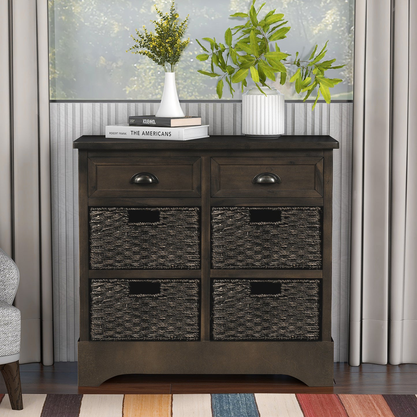 Rustic Storage Cabinet with Two Drawers and Four  Classic Rattan Basket for Dining Room/Living Room (Brown Gray)