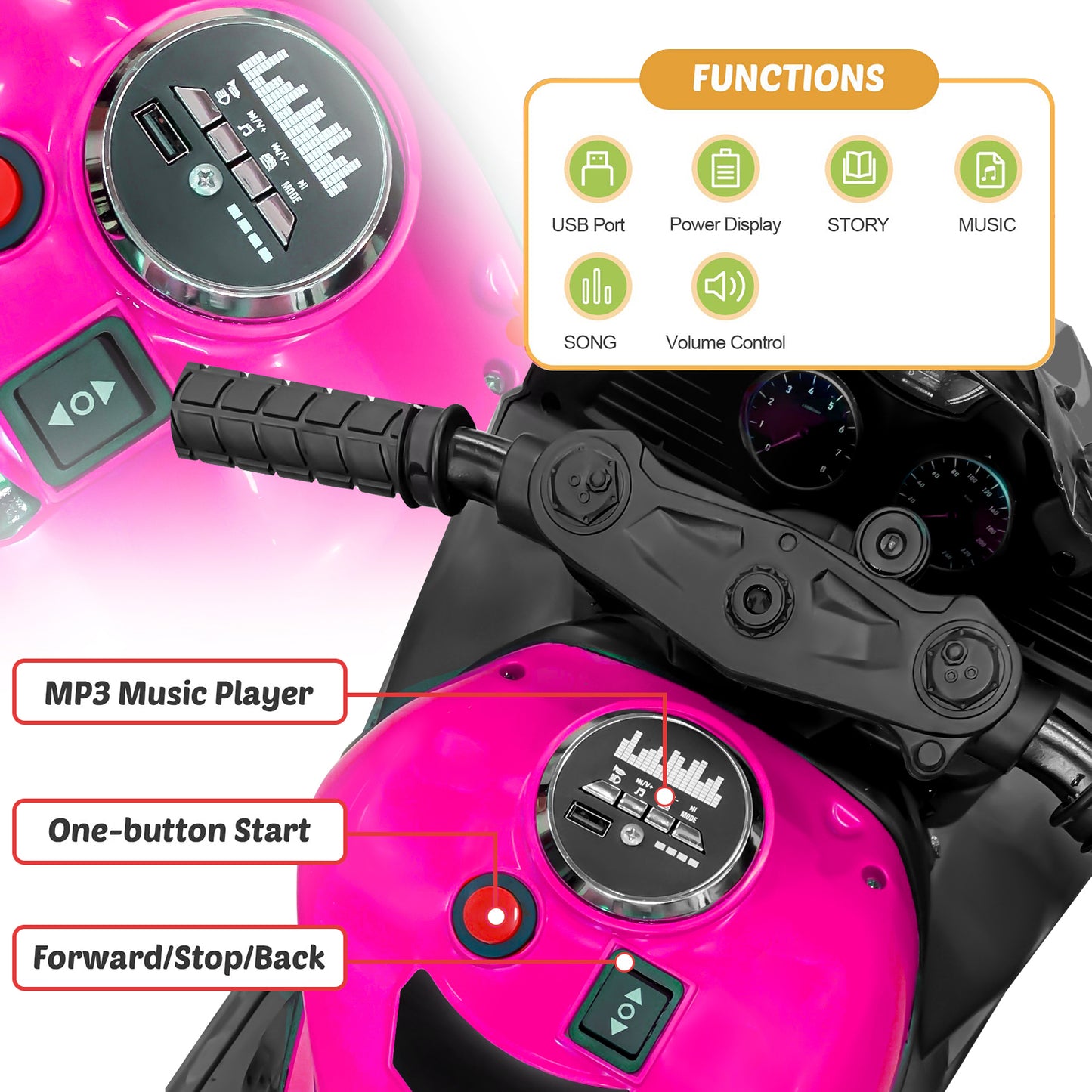 12V Electric Motorcycle for Kids, Powered Toy Motorcycle, Child Motorcycle Ride On with Light Wheels and Bluetooth Music Pink (No shipping on weekends) (Temu, Walmart  Amazon prohibited)