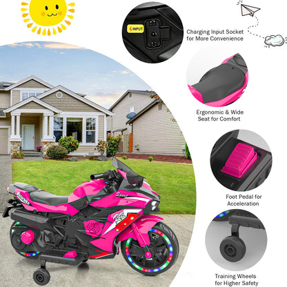 12V Electric Motorcycle for Kids, Powered Toy Motorcycle, Child Motorcycle Ride On with Light Wheels and Bluetooth Music Pink (No shipping on weekends) (Temu, Walmart  Amazon prohibited)