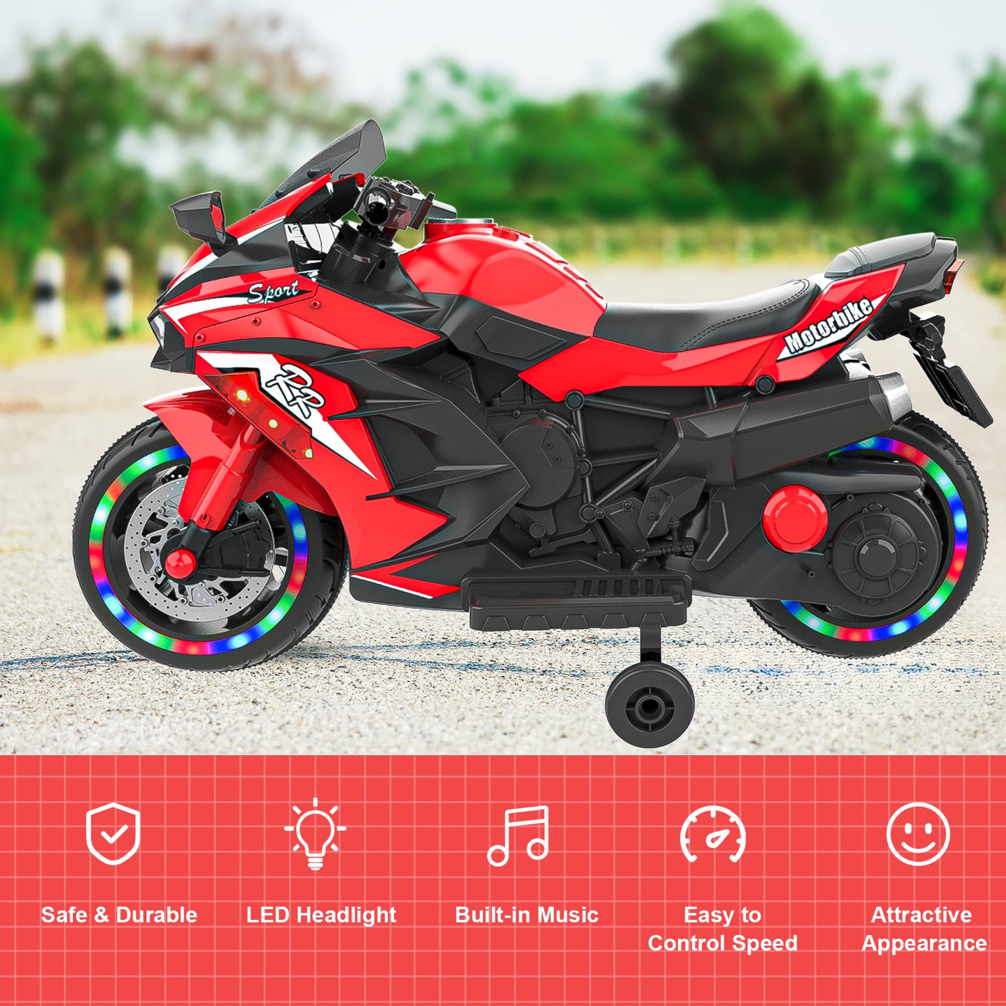 12V Electric Motorcycle for Kids, Powered Toy Motorcycle, Child Motorcycle Ride On with Light Wheels and Bluetooth Music Red (No shipping on weekends) (Temu, Walmart Amazon prohibited)