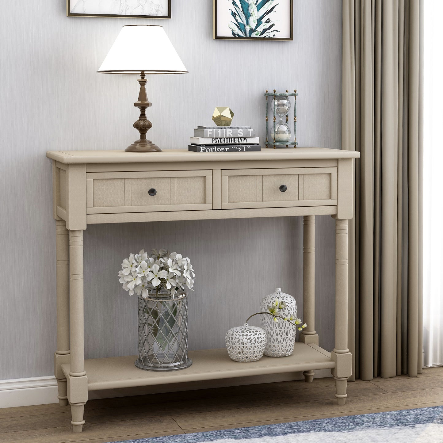 Series Console Table Traditional Design with Two Drawers and Bottom Shelf (Retro Grey)