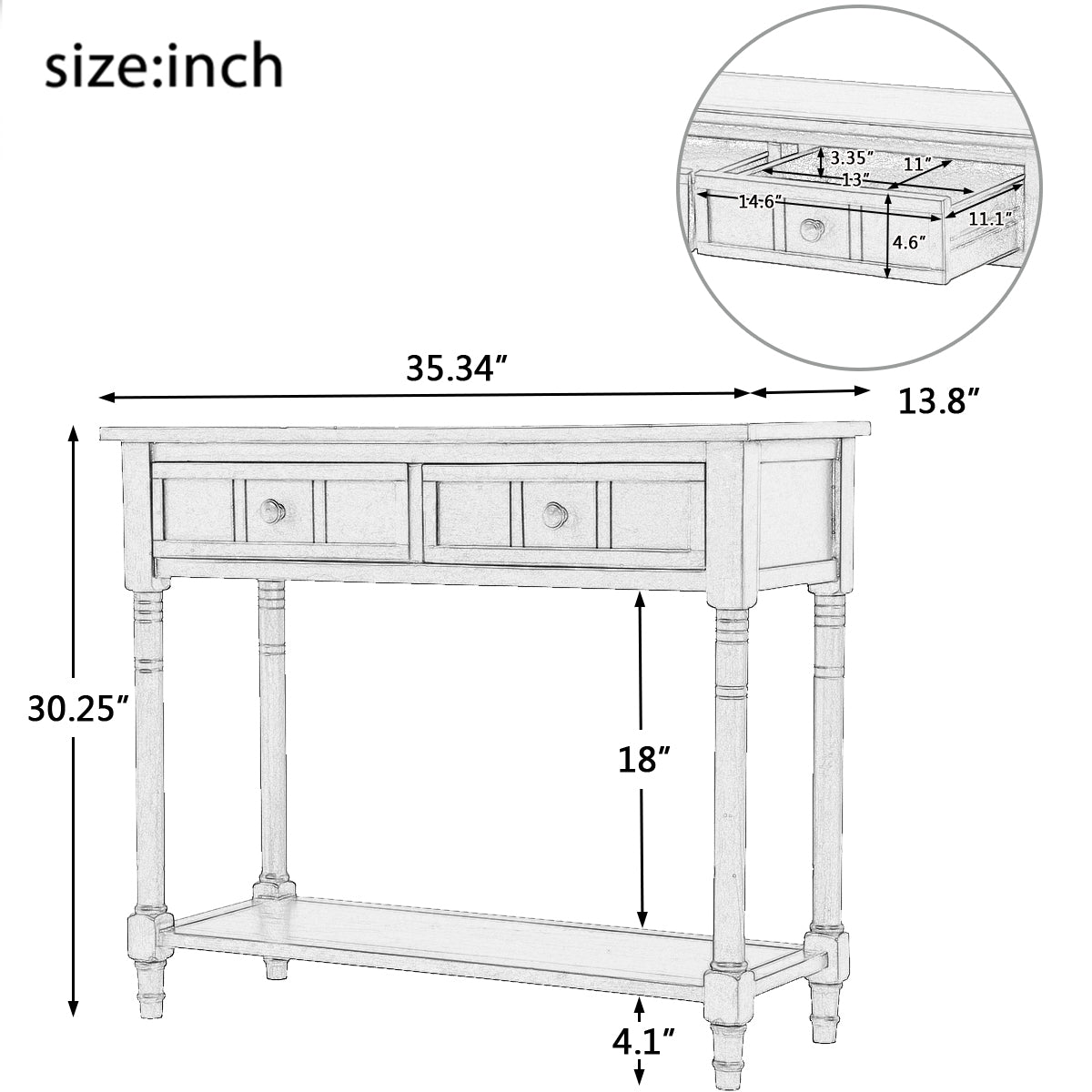 Series Console Table Traditional Design with Two Drawers and Bottom Shelf (Retro Grey)