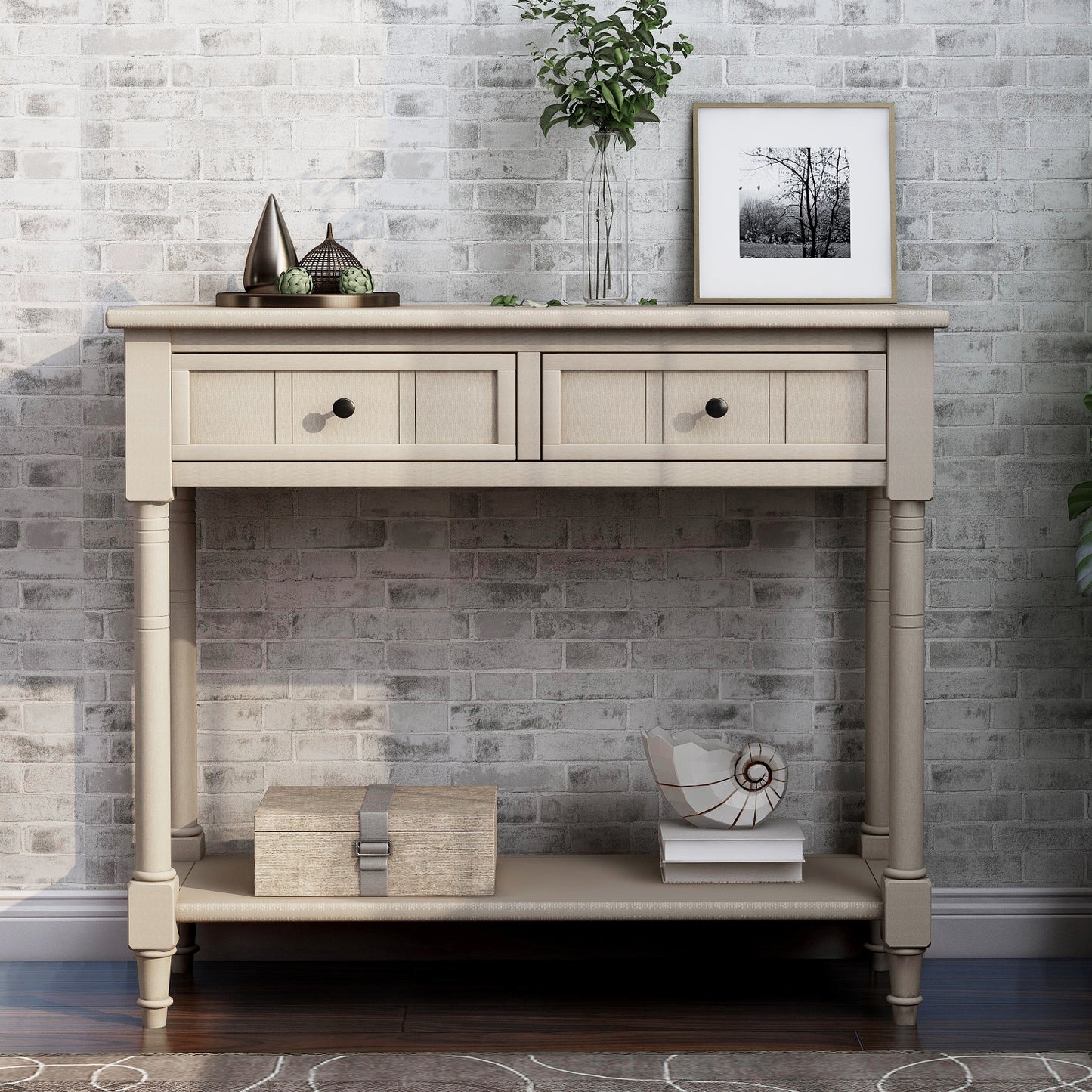 Series Console Table Traditional Design with Two Drawers and Bottom Shelf (Retro Grey)