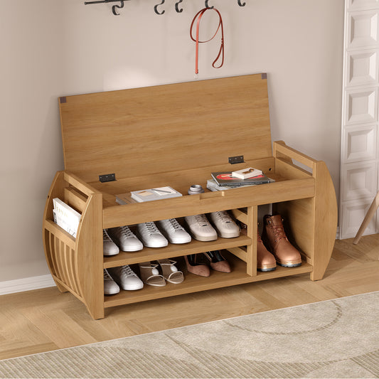 Retro Multifunctional Storage Bench with Cushion and Curved Side Panel for Entrance and Living Room (Natural)