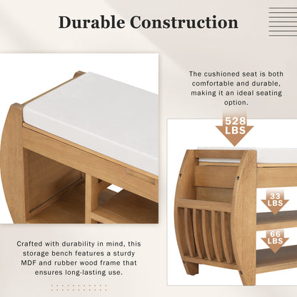 Retro Multifunctional Storage Bench with Cushion and Curved Side Panel for Entrance and Living Room (Natural)