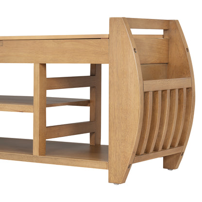 Retro Multifunctional Storage Bench with Cushion and Curved Side Panel for Entrance and Living Room (Natural)