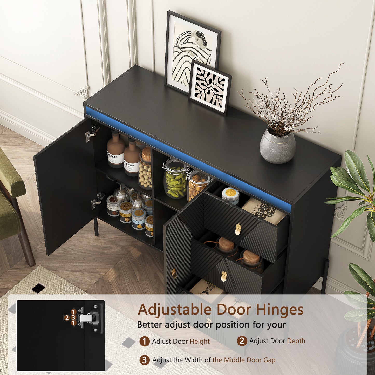 Buffets & Sideboards, Fluted Sideboard Cabinet, 2 Door 3 Drawer Design, with Led Lights,Black Sideboard - Elegant Cabinet Ideal for Dining Room and Kitchen Storage,Black