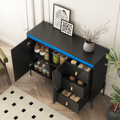 Buffets & Sideboards, Fluted Sideboard Cabinet, 2 Door 3 Drawer Design, with Led Lights,Black Sideboard - Elegant Cabinet Ideal for Dining Room and Kitchen Storage,Black