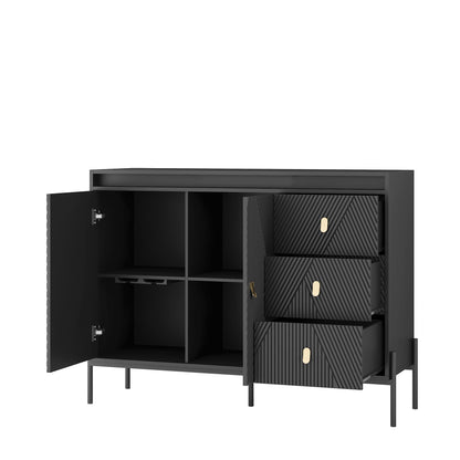 Buffets & Sideboards, Fluted Sideboard Cabinet, 2 Door 3 Drawer Design, with Led Lights,Black Sideboard - Elegant Cabinet Ideal for Dining Room and Kitchen Storage,Black