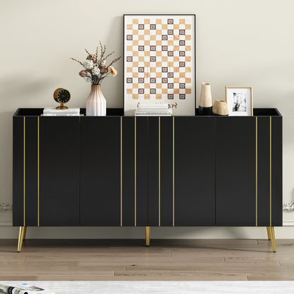 Luxurious Shoe Cabinet with 5 Metal Legs, Modern TV Stand with 4 Adjustable Shelves for TVs Up to 70", Minimalist Sideboard Cabinet with Gold Lines Doors for Living Room,62.9"x 31.4",Black