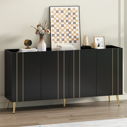 Luxurious Shoe Cabinet with 5 Metal Legs, Modern TV Stand with 4 Adjustable Shelves for TVs Up to 70", Minimalist Sideboard Cabinet with Gold Lines Doors for Living Room,62.9"x 31.4",Black