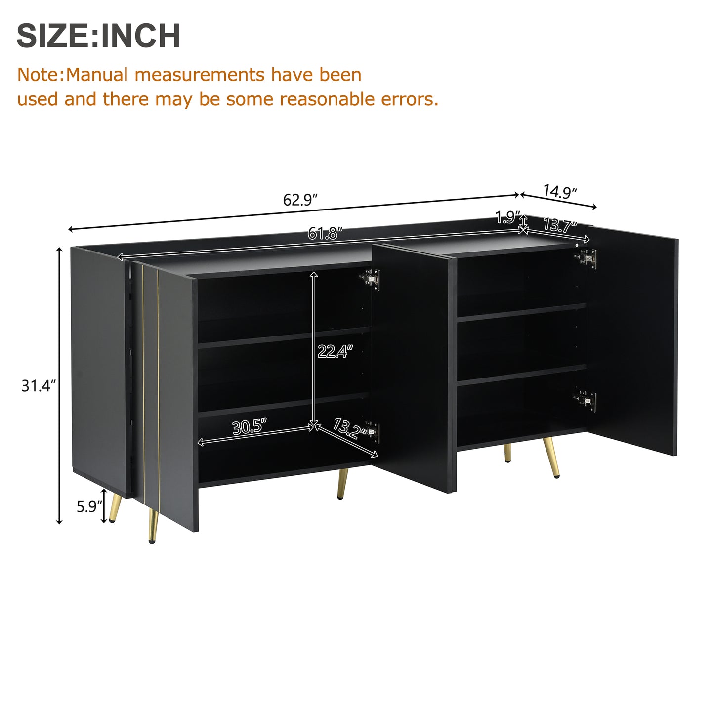 Luxurious Shoe Cabinet with 5 Metal Legs, Modern TV Stand with 4 Adjustable Shelves for TVs Up to 70", Minimalist Sideboard Cabinet with Gold Lines Doors for Living Room,62.9"x 31.4",Black